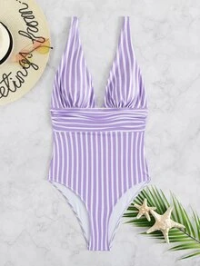 Striped Ruched One Piece Swimsuit, For Summer Beach Vacation - Purple - View 6
