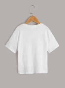 SHEIN Tween Girl Short Sleeve Round Neck Knit Top With Letter Print - White - View 2