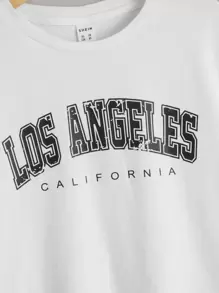 SHEIN Tween Girl Short Sleeve Round Neck Knit Top With Letter Print - White - View 3