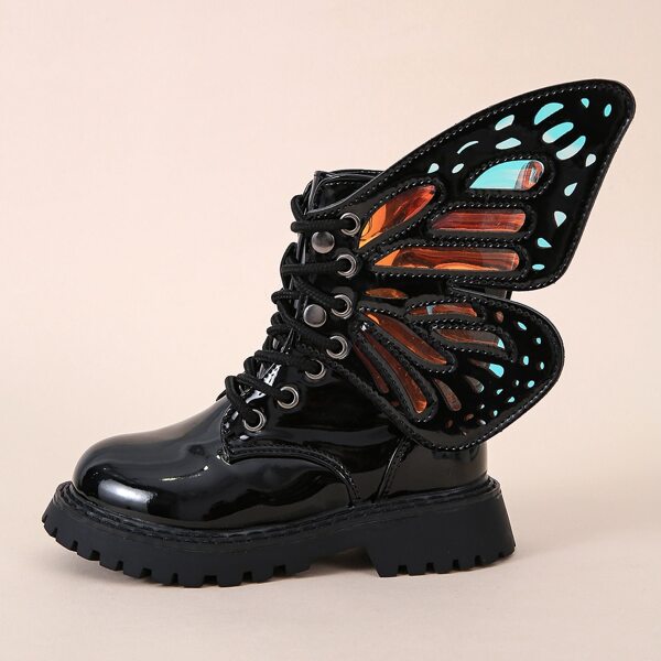 

Girls Solid Butterfly Design Side Zipper Fashion Boots, Black