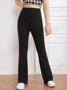 SHEIN Pantalones Largos De Punto Básicos De Talla Adolescente Para Chica - Negro - Ver 1