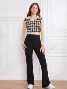 SHEIN Pantalones Largos De Punto Básicos De Talla Adolescente Para Chica - Negro - Ver 5