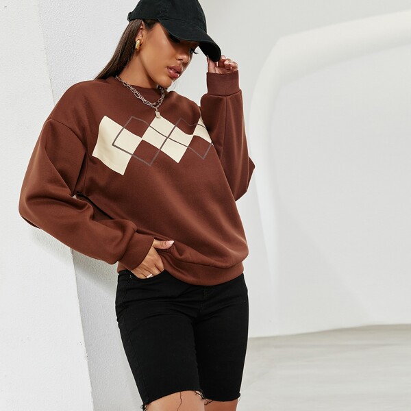 

Drop Shoulder Argyle Print Pullover, Coffee brown