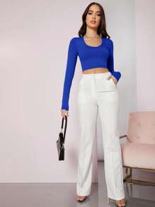 SHEIN BAE Scoop Neck Solid Crop Tee - Royal Blue - View 4