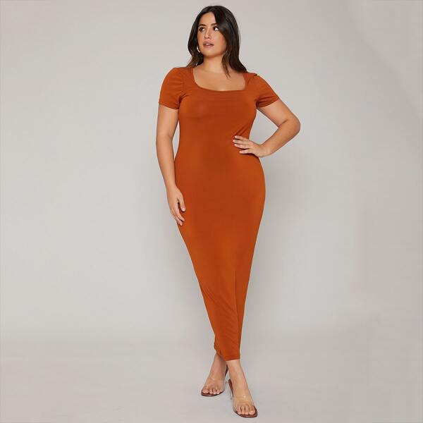 

Plus Square Neck Bodycon Dress, Burnt orange
