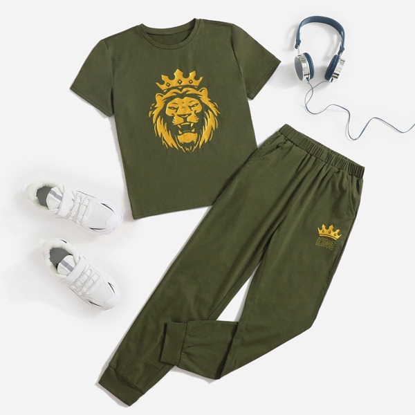 

Boys Lion Print Tee and Sweatpants Set, Army green