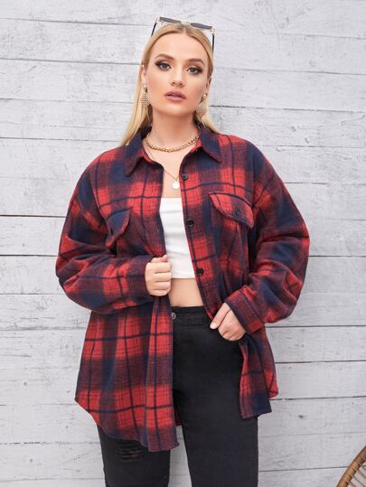 Plus Plaid Print Drop Shoulder Coat
