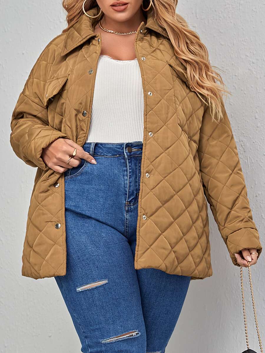 Plus Drop Shoulder Flap Detail Quilted Padded Coat Clothes Winter - Camel - View 1