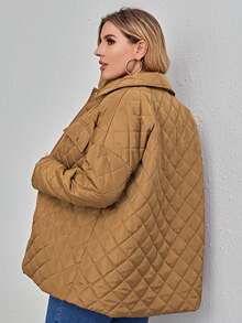 Plus Drop Shoulder Flap Detail Quilted Padded Coat Clothes Winter - Camel - View 2