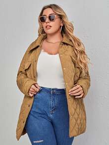 Plus Drop Shoulder Flap Detail Quilted Padded Coat Clothes Winter - Camel - View 3