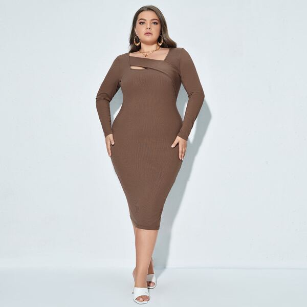 

Plus Ribbed Knit Asymmetrical Neck Bodycon Dress, Coffee brown
