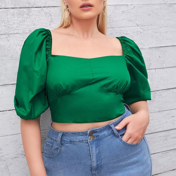 

Plus Lace Up Backless Bishop Sleeve Blouse, Green
