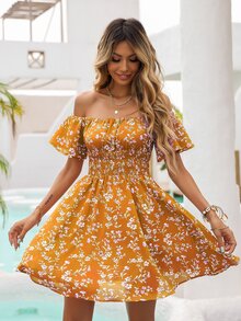 SHEIN VCAY Floral Off Shoulder Shirred Waist Dress - Mustard Yellow - View 5