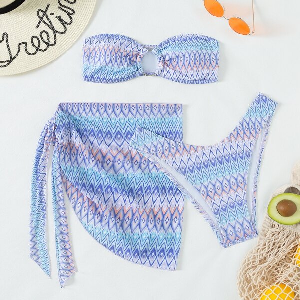 

3pack Geometric Print Ring Linked Bandeau Bikini Swimsuit & Beach Skirt, Multicolor