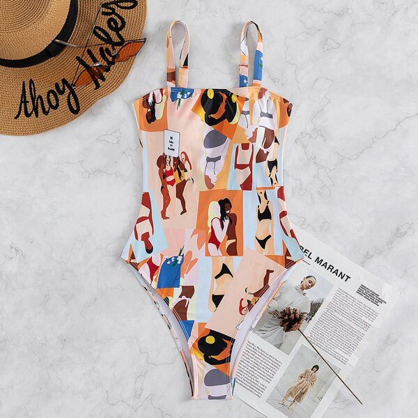 

Allover Figure Print One Piece Swimsuit, Multicolor