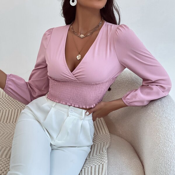 

Shirred Frilled Plunging Neck Bishop Sleeve Blouse, Baby pink