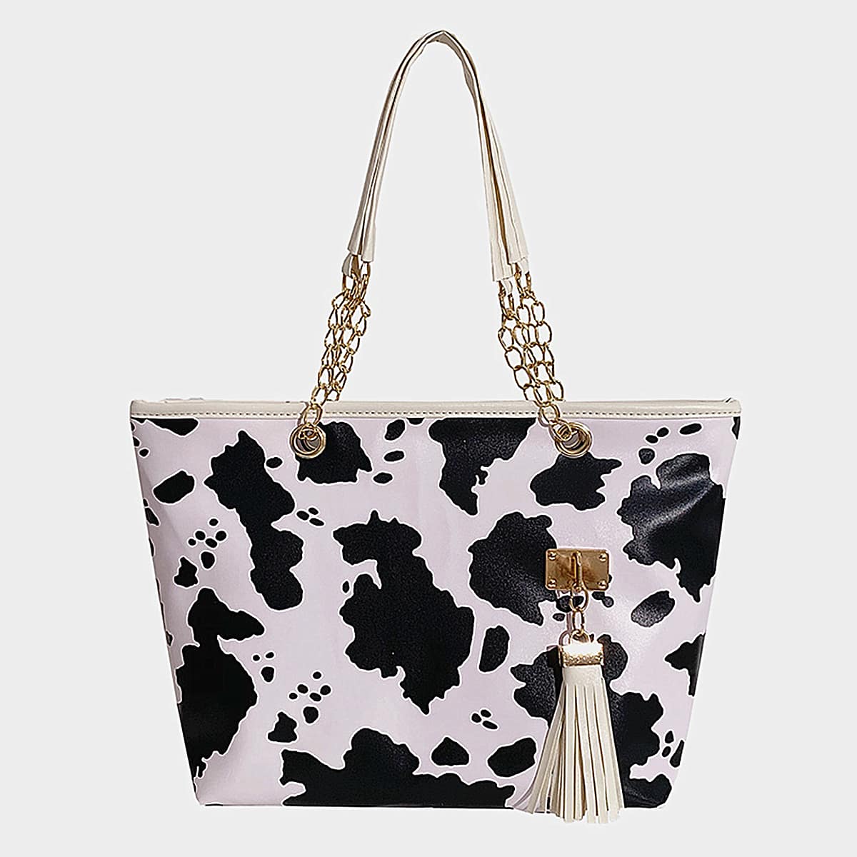 

Cow Print Shoulder Tote Bag, Black and white