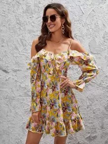 Cold Shoulder Floral Print Ruffle Trim Flounce Sleeve Dress - Multicolor - View 1