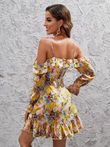 Cold Shoulder Floral Print Ruffle Trim Flounce Sleeve Dress - Multicolor - View 2