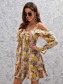 Cold Shoulder Floral Print Ruffle Trim Flounce Sleeve Dress - Multicolor - View 4