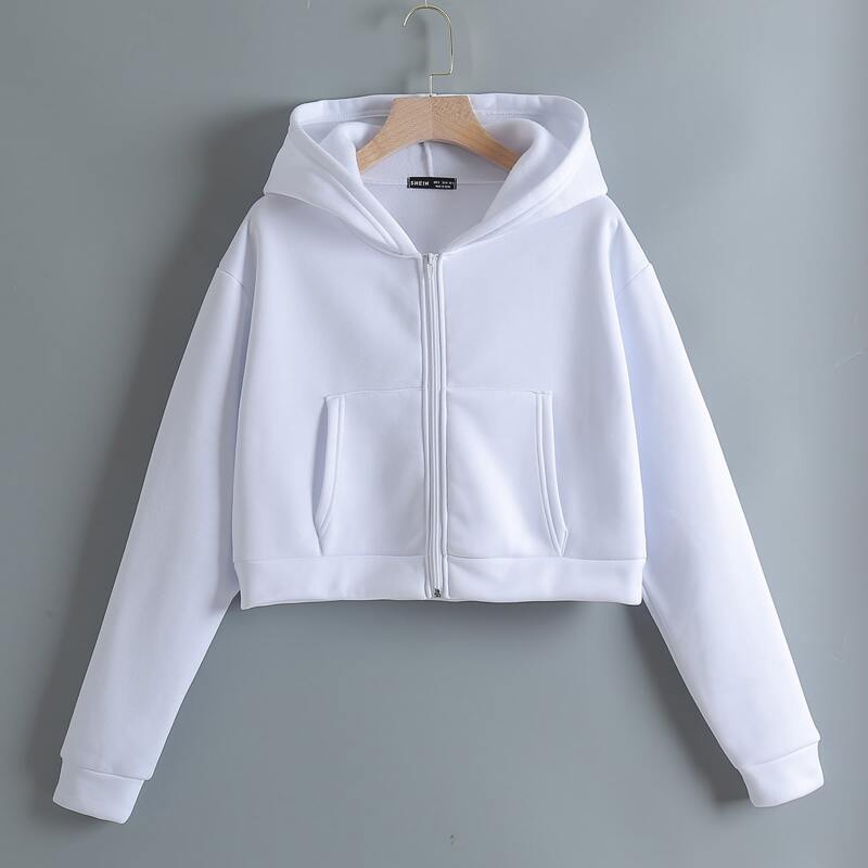 

Drop Shoulder Zip Up Crop Sweatshirt, White