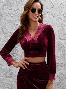 Camiseta corta de terciopelo con encaje en contraste - Burdeos - Ver 1