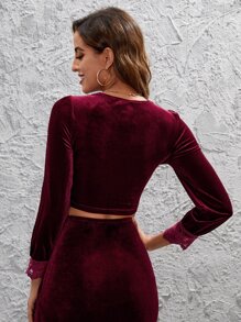 Camiseta corta de terciopelo con encaje en contraste - Burdeos - Ver 2