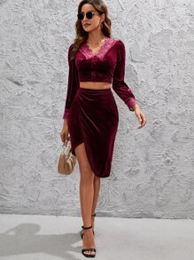 Camiseta corta de terciopelo con encaje en contraste - Burdeos - Ver 5