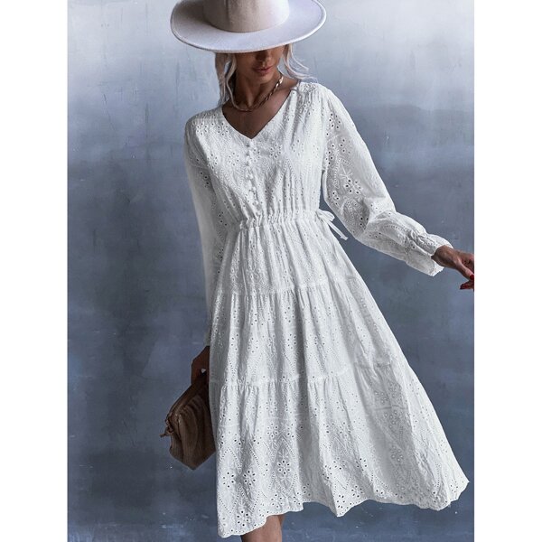 

Eyelet Embroidery Flounce Sleeve Dress, White
