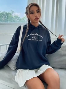 SHEIN Unity Capucha con estampado de slogan con cordón - Azul Marino - Ver 3