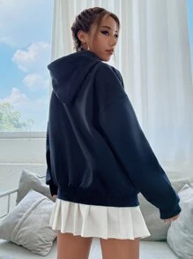 SHEIN Unity Capucha con estampado de slogan con cordón - Azul Marino - Ver 2