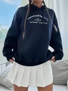 SHEIN Unity Capucha con estampado de slogan con cordón - Azul Marino - Ver 1