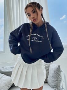 SHEIN Unity Capucha con estampado de slogan con cordón - Azul Marino - Ver 4