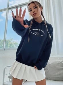 SHEIN Unity Capucha con estampado de slogan con cordón - Azul Marino - Ver 6