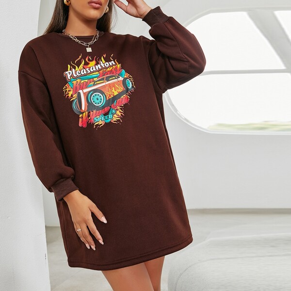 

Letter & Cartoon Graphic Drop Shoulder Sweatshirt Dress, Multicolor