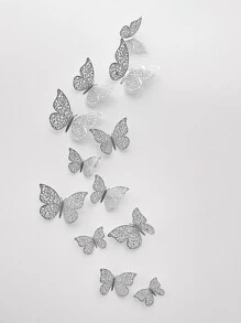 12 件 3D 创意设计纸质蝴蝶贴纸，几何图案镂空蝴蝶墙贴适用于节日、派对、蛋糕装饰、浪漫特别设计家居装饰、卧室装饰、浴室装饰、房间装饰用品适用于节日、节日、美化提升幸福感墙贴适用于婚礼和派对、春季装饰品让您的家焕然一新、拉玛装饰贴纸礼物生日毕业 - 銀色 - 查看 2