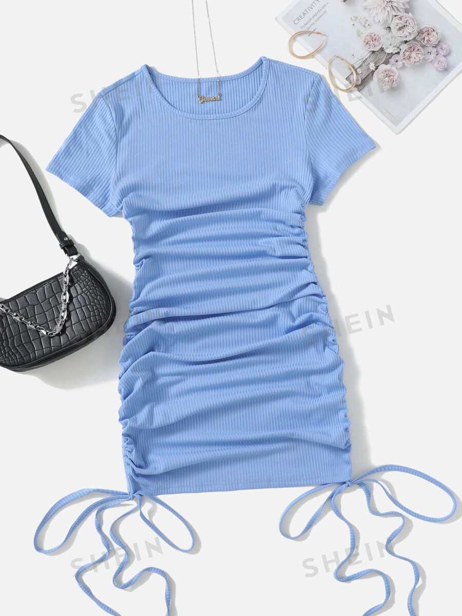 SHEIN Unity Vestido Cordón Drapeado Canalé Liso Casual - Azul - Ver 1