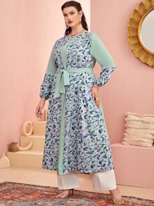 Mulvari Plus Contrast Floral Print Belted Kimono, For Summer Beach Vacation - Green - View 1