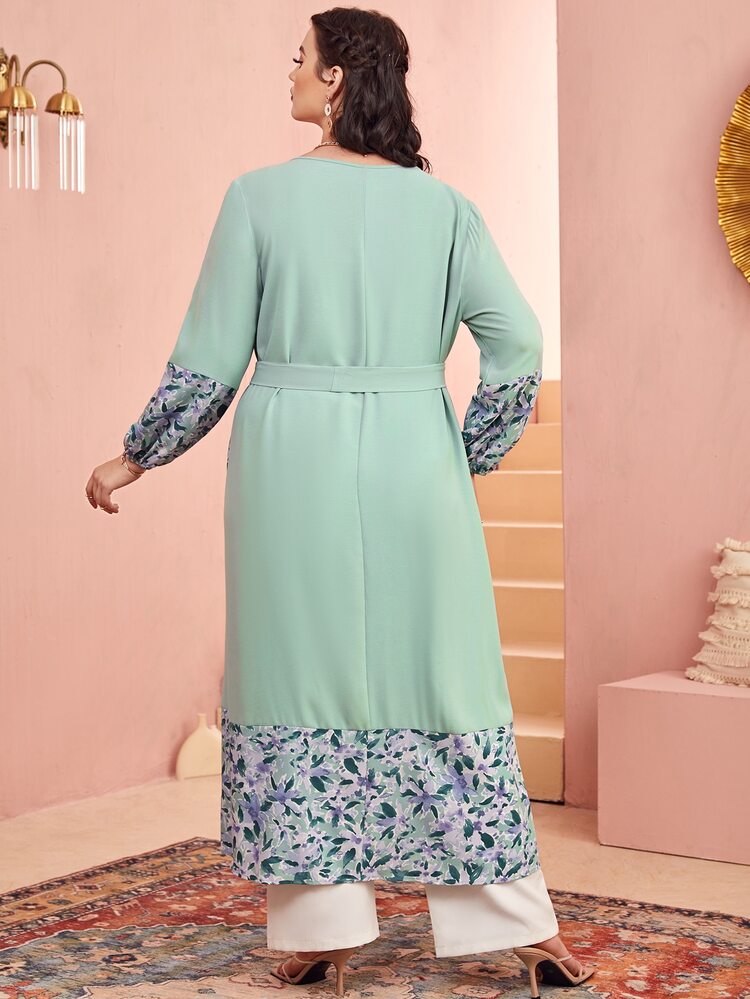 Mulvari 加上对比色花卉印花腰带和服，适合夏季海滩度假 - 綠色 - 查看 2