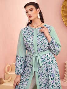 Mulvari Plus Contrast Floral Print Belted Kimono, For Summer Beach Vacation - Green - View 3