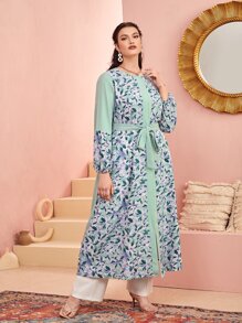 Mulvari Plus Contrast Floral Print Belted Kimono, For Summer Beach Vacation - Green - View 4