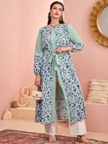 Mulvari Plus Contrast Floral Print Belted Kimono, For Summer Beach Vacation - Green - View 5