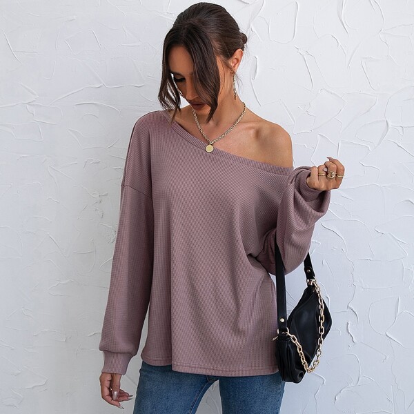 

Boat Neck Drop Shoulder Tee, Mauve purple