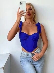 PARTHEA 肩上打結緊身上衣方巾短款腰封上衣 - 藍色 - 查看 6