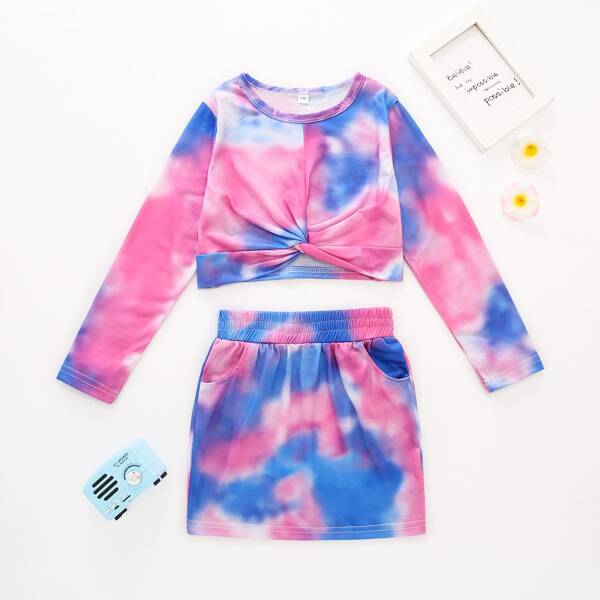 

Girls Tie Dye Twist Front Tee & Slant Pockets Skirt, Multicolor