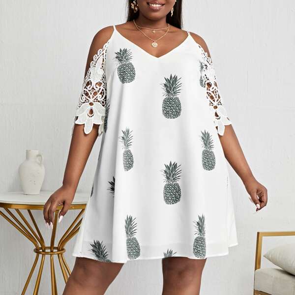 

Plus Pineapple Print Contrast Guipure Lace Cold Shoulder Dress, Blue