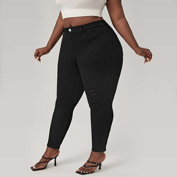 

Plus Pocket Ripped Skinny Jeans, Black