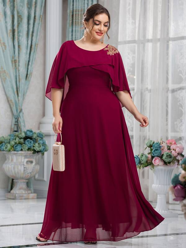 SHEIN Belle Burgundy Red Plus Guipure Lace Appliques Overlay Chiffon Dress