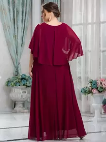 SHEIN Belle Burgundy Red Plus Guipure Lace Appliques Overlay Chiffon Dress - Burgundy - View 2