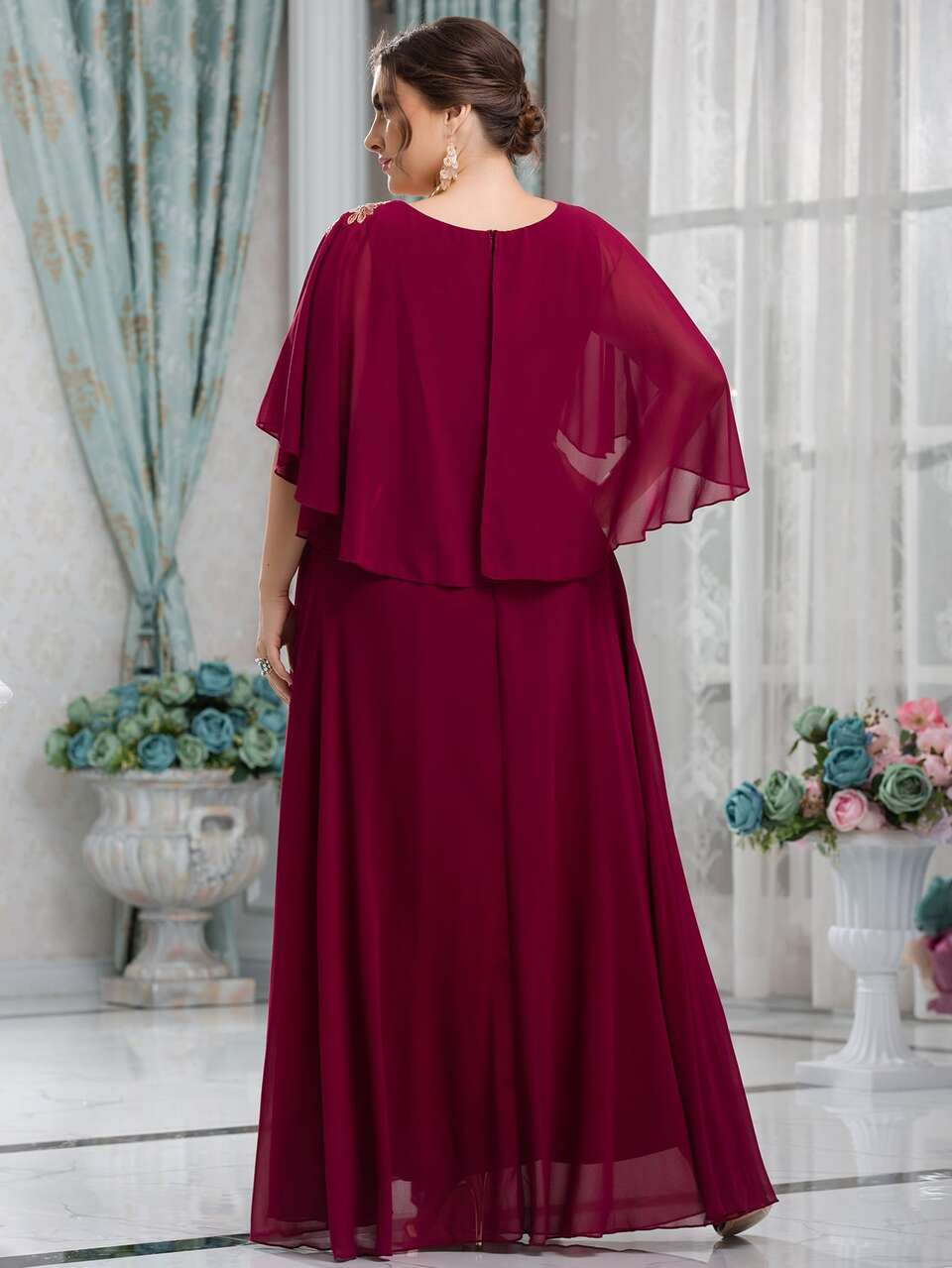 Burgundy Red Plus Guipure Lace Appliques Overlay Chiffon Dress